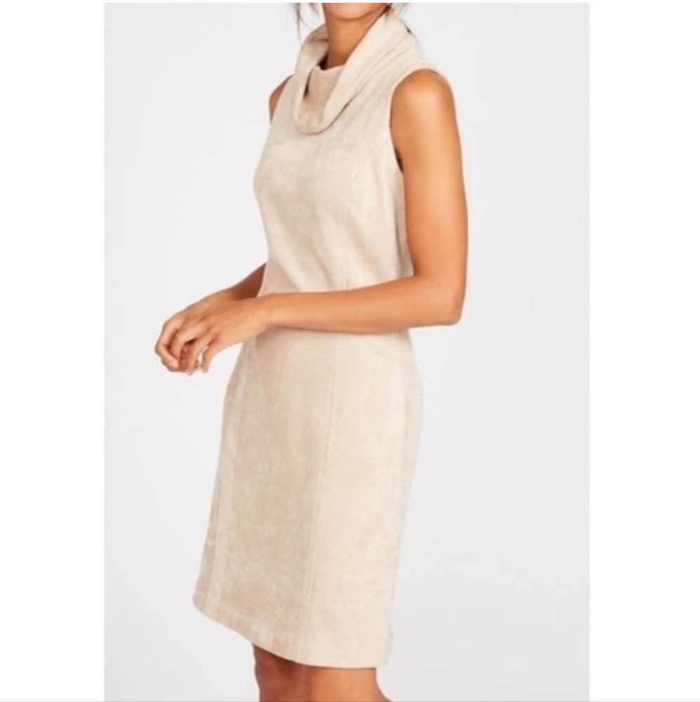J. McLaughlin Camino Faux Suede Sleeveless Cowl Sheath Dress Beige